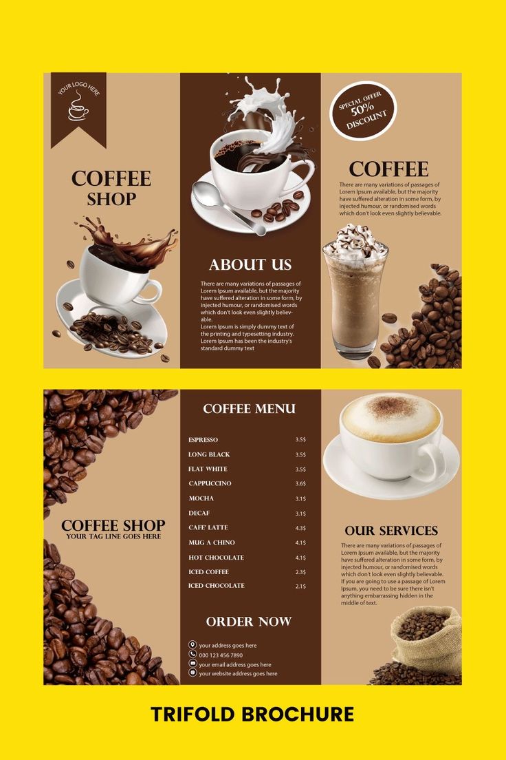 a menu for coffee shop with two cups of coffee on the side and one cup filled with