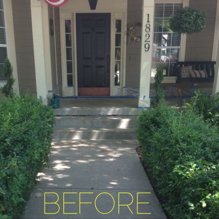 the front door of a house with bushes and shrubs around it, before and after painting