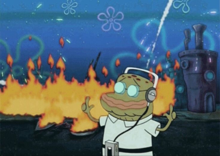 a cartoon character with headphones standing in front of a fire