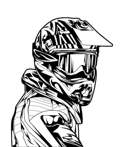 a black and white drawing of a person wearing a helmet