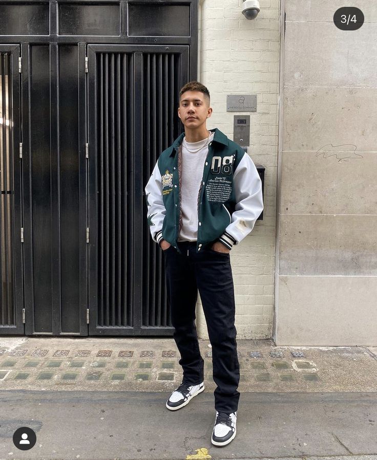 Varsity Jacket Outfit Mens, Baseball Jacket Outfit, Green Varsity Jacket, Fashion Aesthetic Outfits, Varsity Jacket Outfit, Spiritual Fashion, Trendy Boy Outfits, Mens Casual Outfits Summer, Dope Outfits For Guys