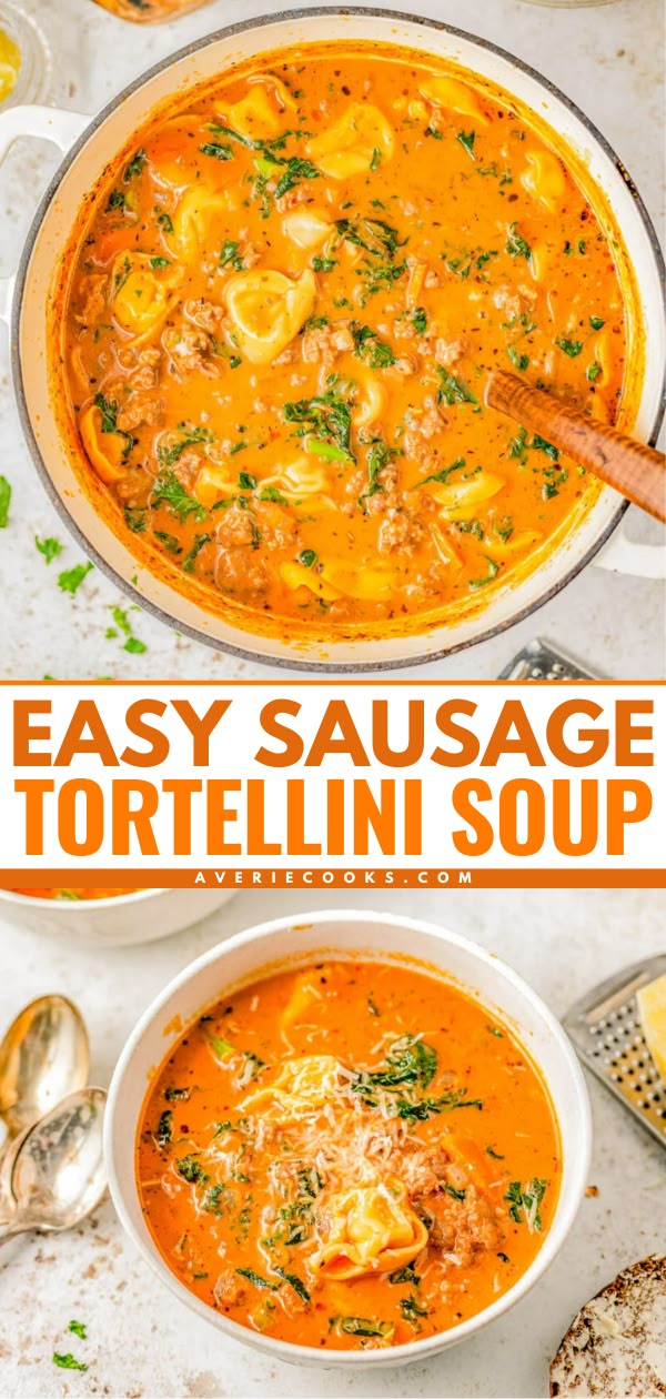 Indulge in the warmth and coziness of this EASY Italian sausage tortellini soup that's made in one pot and ready in 30 MINUTES! Made with cheesy tortellini, juicy sausage, carrots and kale for extra nutrients, and a rich and creamy tomato sauce broth! This comfort food soup recipe is perfect for chilly weather and you can make it on busy weeknights because it's so QUICK! Creamy Tomato Sausage Tortellini Soup, Sausage Tomato Tortellini Soup, Stove Top Sausage Tortellini Soup, Spicy Sausage And Tortellini Soup, Soup Smoked Sausage, Italian Sausage And Tortellini Recipes, Easy Sausage Soup, Sausage Tortellini Soup Crockpot, Soup Recipes Sausage