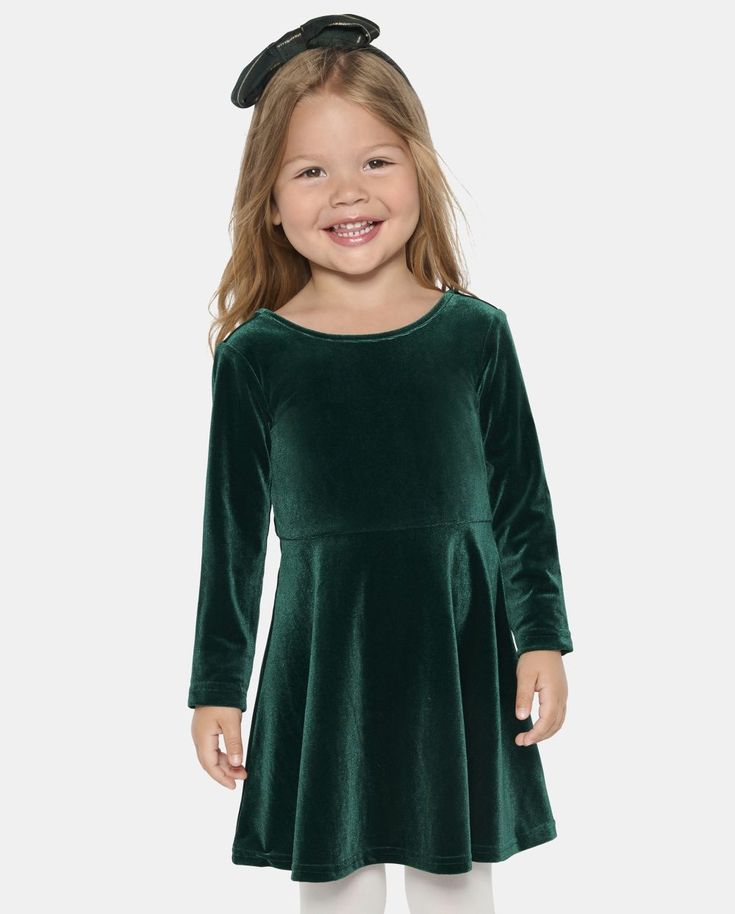 FABRICATION: 92% polyester/8% spandex velour. FIT & DESIGN: Crew neck, long sleeves, at-knee length. CLOSURE: Pullover style with stretch waist. FEATURES: Scoop back.... Toddler Girls Mommy And Me Long Sleeve Velour Everyday Dress | The Children's Place Toddler Girls Mommy And Me Velour Everyday Dress | Size 12-18 M | Green | Polyester/Spandex Girls Occasion Dresses, Girls Sweater Dress, Santa Photos, Green Velvet Dress, Velour Dress, Everyday Dress, Pink Boots, Baby Girl Boy, Fall Pictures