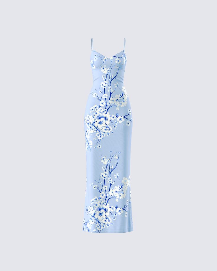 Watch yourself blossom in this blue floral print maxi dress 💙 Crafted from stretch jersey, this gorgeous piece features adjustable straps and a bodycon fit, creating an elegant and eye catching look ✨ Classy Blue Dress, Blossom Wedding Dress, Finesse Dress, Yacht Dress, Light Blue Cocktail Dress, Light Blue Summer Dress, Blue Fitted Dress, Chinoiserie Wedding, Elegant Floral Dress