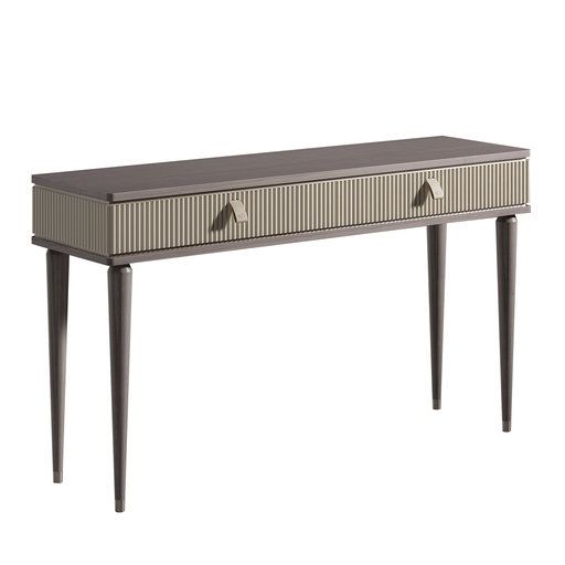 an antique style console table with two drawers and three legs, in grey wood finish