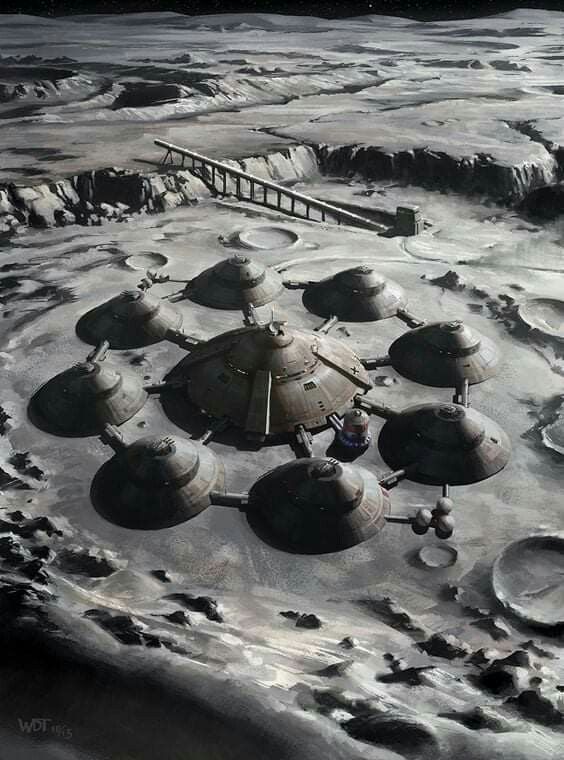 an artist's rendering of a space station in the middle of some snow covered land