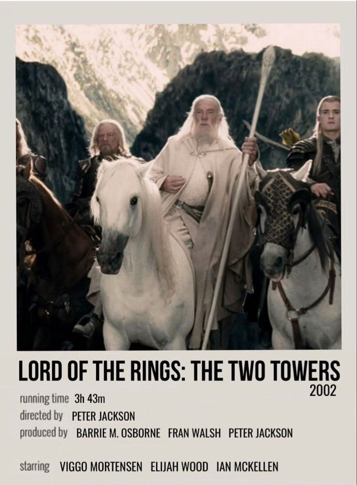 the lord of the rings two towers movie poster with white horses and men on horseback