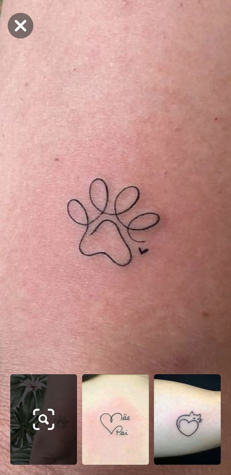 an image of a dog paw tattoo on someone's arm and leg, with three different pictures below it