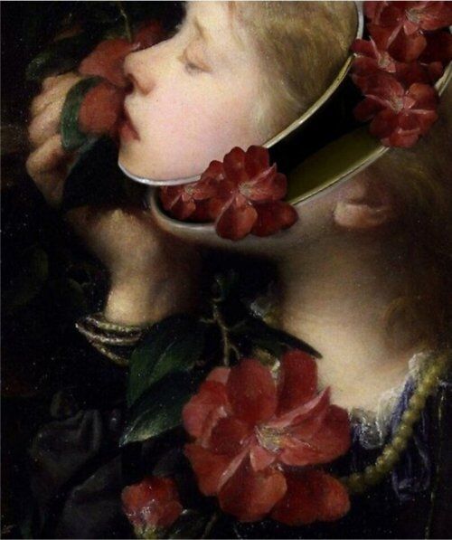 a close up of a painting of a child with flowers in her hair and eyes closed