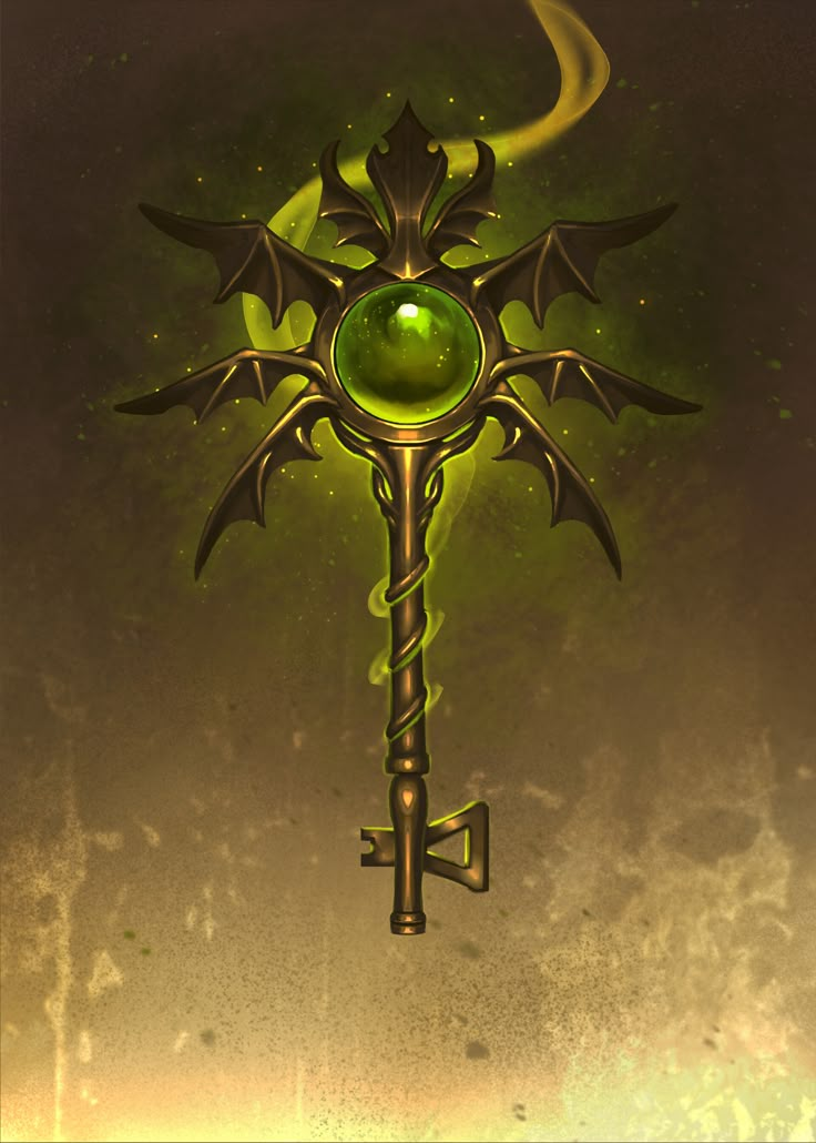 a green and gold key with an evil face on it's side, in front of a dark background