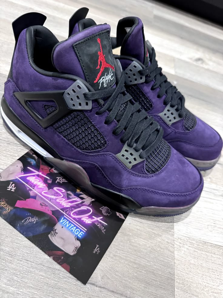 Nike Air Jordan Shoes Women, Purple Travis Scott, Purple Air Jordans, Jordan 4 Purple, Purple Jordans, Jordans 4s, Jordan 4 Travis Scott, Jordan 1 Custom, Organization Shoes