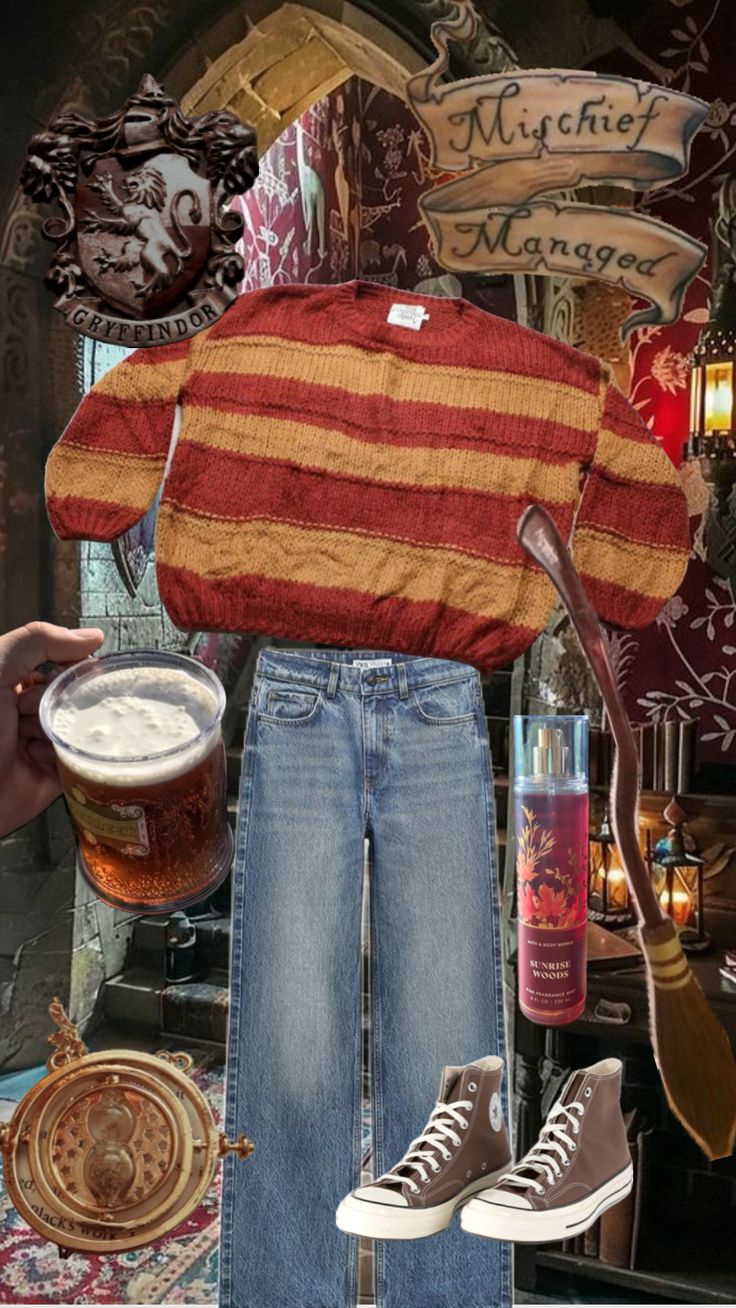 a collage of clothing, beer and shoes is featured in this image with the caption harry potter