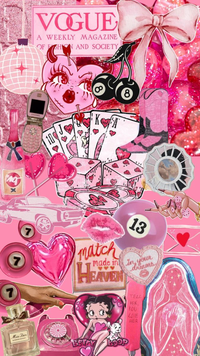 a pink collage with many different items on it, including hearts and other things