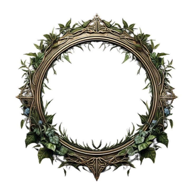 a circular metal frame with green leaves and branches around it, on a white background