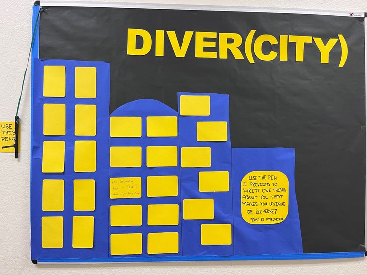 a bulletin board with yellow and blue squares in the shape of a city on it