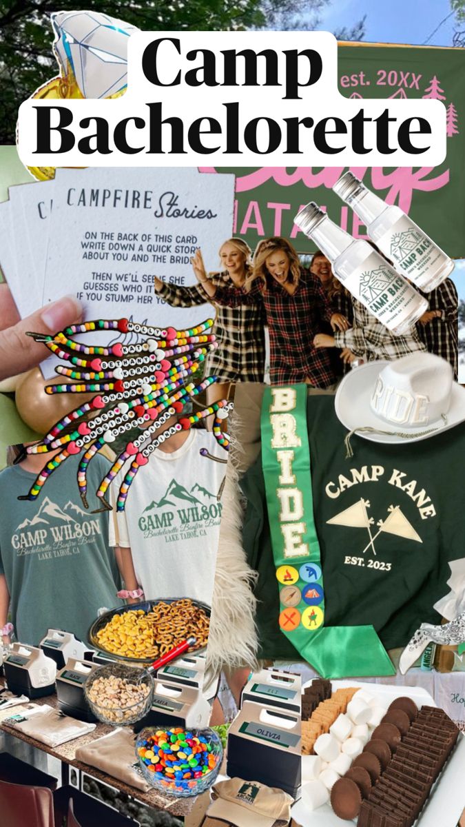 the cover of camp bachelorette magazine with pictures of people and food on display at an outdoor event