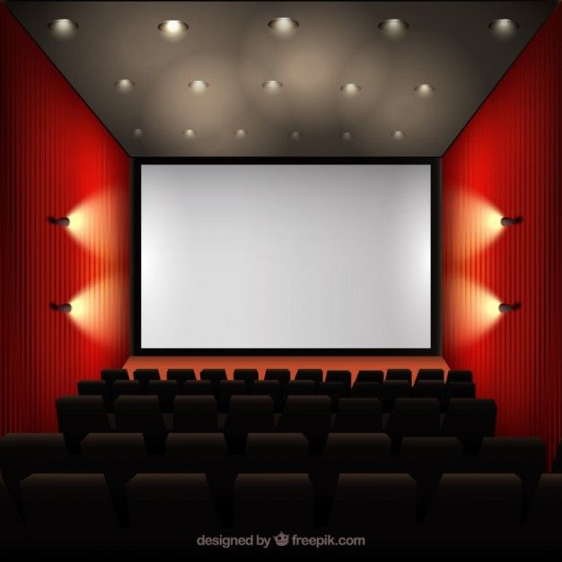 an empty movie theater with red walls and lights on the ceiling is ready to be used as a projector screen