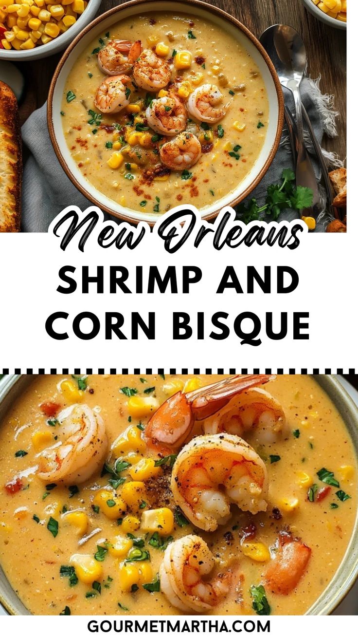 Dive into the rich, creamy flavors of New Orleans with this Shrimp and Corn Bisque! Packed with tender shrimp, sweet corn, and a blend of Cajun spices, this comforting soup brings a taste of Louisiana right to your table. Perfect for chilly nights or when you’re craving bold, Southern cuisine! #NewOrleansBisque #ShrimpAndCornBisque #CajunRecipes #SeafoodSoup #ComfortFood #LouisianaCuisine #EasyBisqueRecipe #ShrimpLovers #SouthernFlavors #CornChowder Shrimp Corn Potato Chowder, Seafood Bisque Soup Recipes, Shrimp Stew Recipes, Shrimp Corn Bisque, Shrimp Bisque Soup, Shrimp And Corn Bisque, Crab And Corn Bisque, Shrimp Bisque Recipe, Shrimp And Corn Chowder