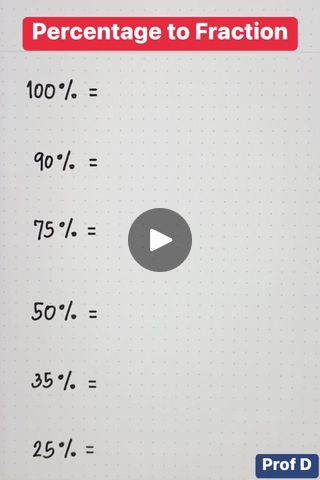 a whiteboard with the words percentage to fraction written in red and black on it