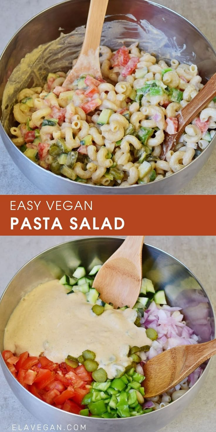 two pans filled with pasta and vegetables, one is being stirred by a wooden spoon