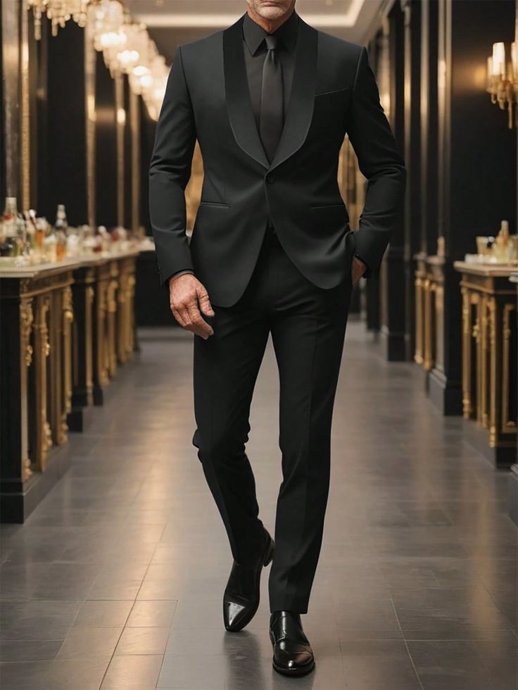 Men's Solid Color Simple Everyday Suit - Long Sleeve  Black Blazer And Pants Black Work    Plain  Non-Stretch  Men Clothing, size features are:Bust: ,Length: ,Sleeve Length: Men Suit Outfit Ideas, Casual Black Blazer Outfits Men, Men With Suit, Men In Black Suits, Boys In Suits, Husband Tux Wedding, Suit Black Men, Black Suit Men Casual, All Black Suits Groomsmen