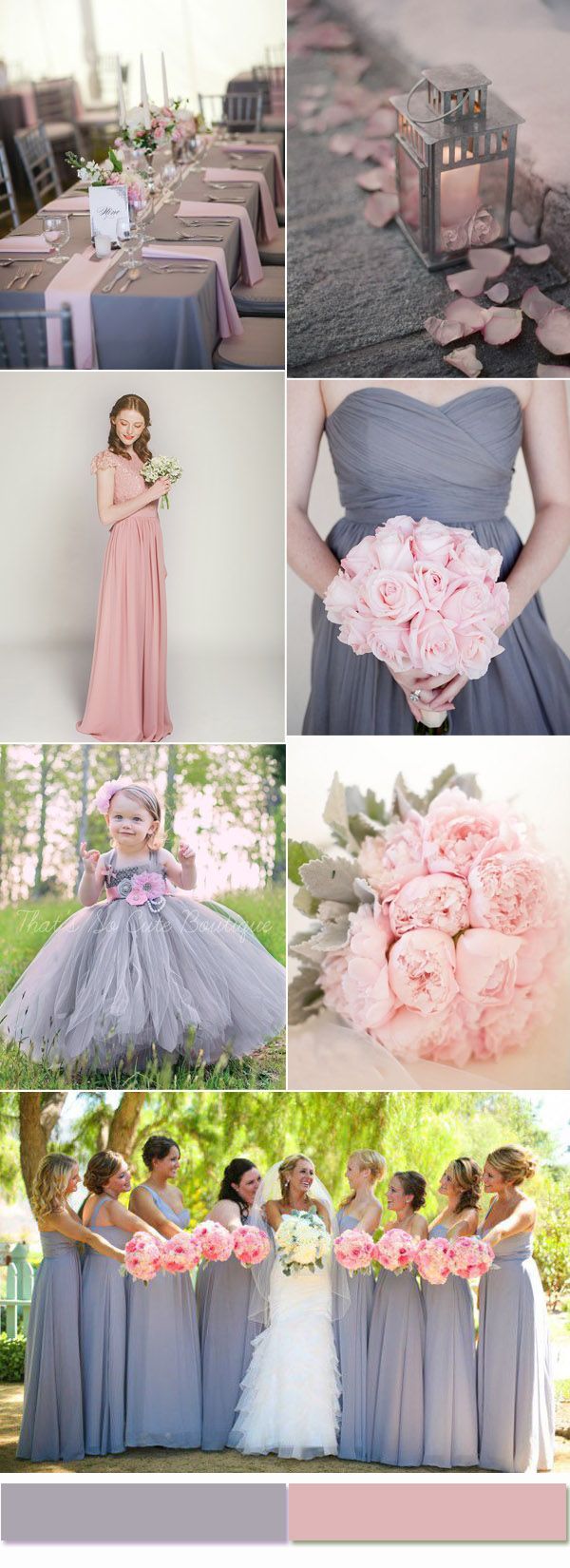 a collage of different pictures with pink and gray flowers on them, including the bridesmaid's bouquets