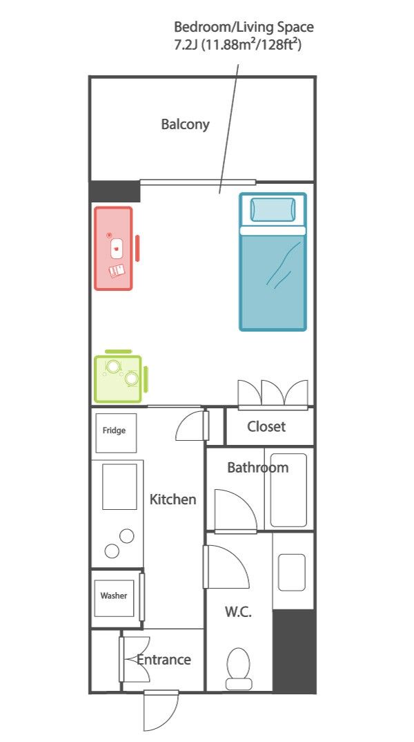 an apartment floor plan with the bedroom and living space labeled in red, green, blue, and yellow