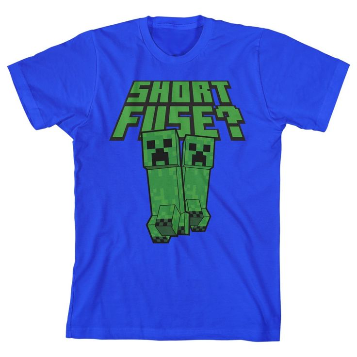 Celebrate the creative crafting game with this Minecraft tee. The shirt features two green creepers as green letters above the pair read, "Short Fuse?" The tee comes in a royal blue short sleeve crew neck. Bring it home to your young Minecraft gamer today. William Core, Minecraft Creepers, Green Letters, Short Fuse, Royal Blue T Shirt, Royal Blue Shorts, Spiderman Party, Red Velvet Joy, Bring It