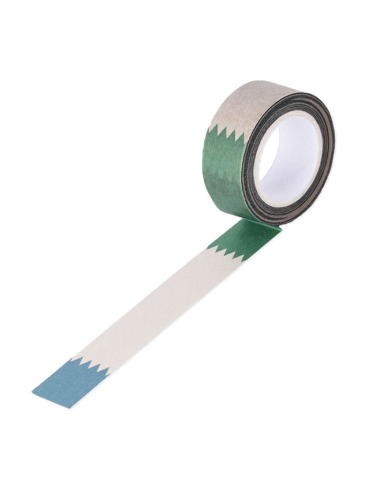 a roll of green and white tape with an arrow pattern on the side, against a white background