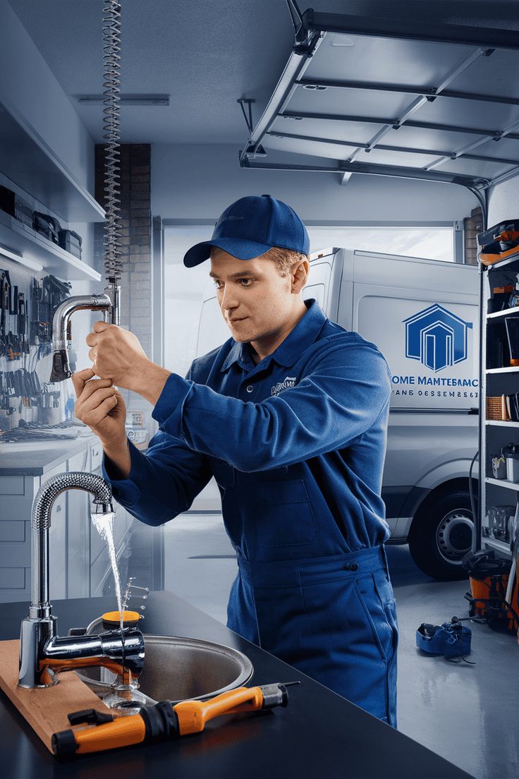 a man in blue work clothes fixing a faucet on a kitchen counter top