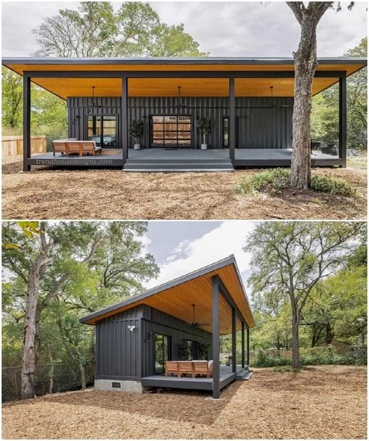 two pictures showing the inside and outside of a small house with an open floor plan