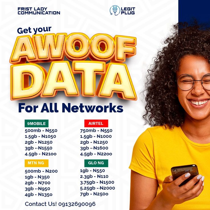 a woman in yellow shirt texting on her cell phone with the words get your awoof data for all networks