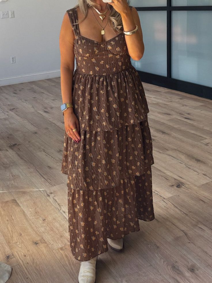 Serena Tiered Dress | Brown Floral Skirt Model, Tiered Ruffle Skirt, Tiered Midi Dress, Dress Inspo, Brown Floral, Brown Dress, Christmas 2024, Ruffle Skirt, Sneaker Heels