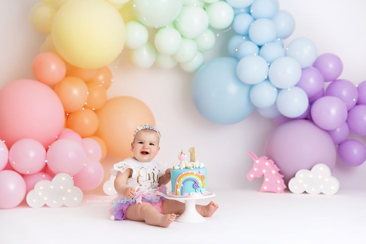 Rainbow Baby Cake Smash   www.modernnewbornphotography.com Balloon Cake Smash, Rainbow Smash Cakes, Unicorn Cake Smash, Cake Smash Theme, Rainbow First Birthday, Smash Cake Girl, Baby Cake Smash, 1st Birthday Cake Smash, Girl Birthday Decorations