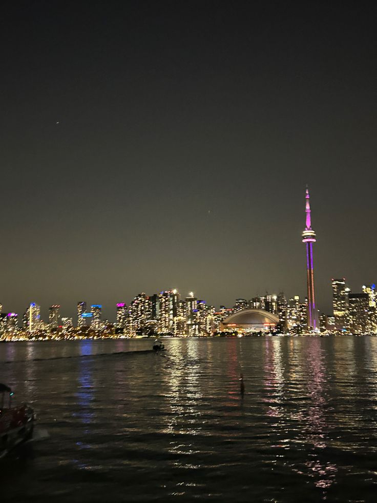 the city skyline is lit up at night as boats are in the water near it