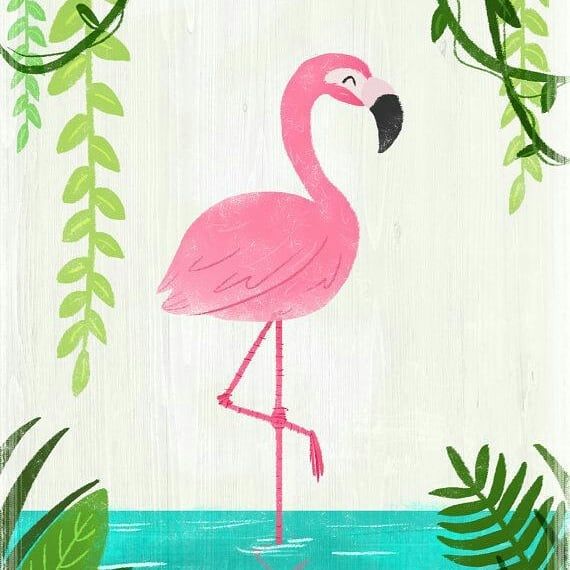 a painting of a pink flamingo standing in the water