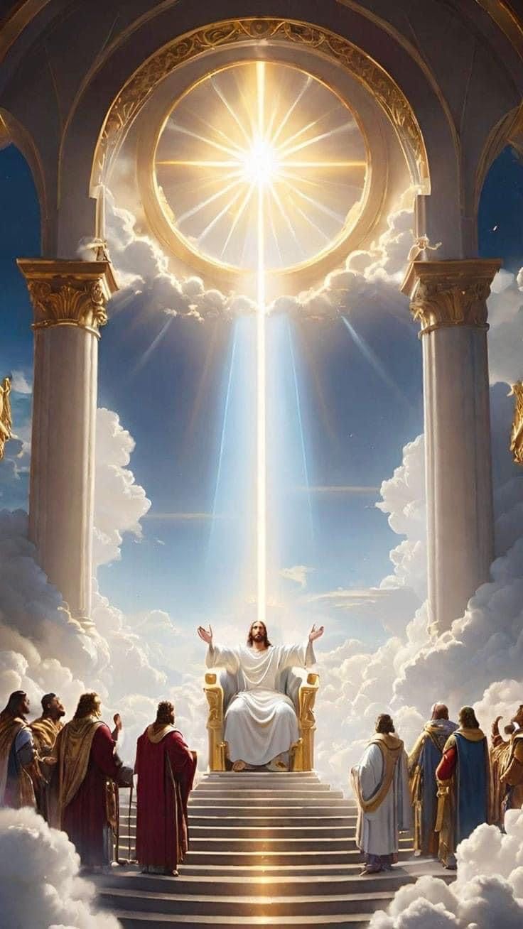 a painting of jesus sitting on a throne surrounded by clouds with his arms in the air