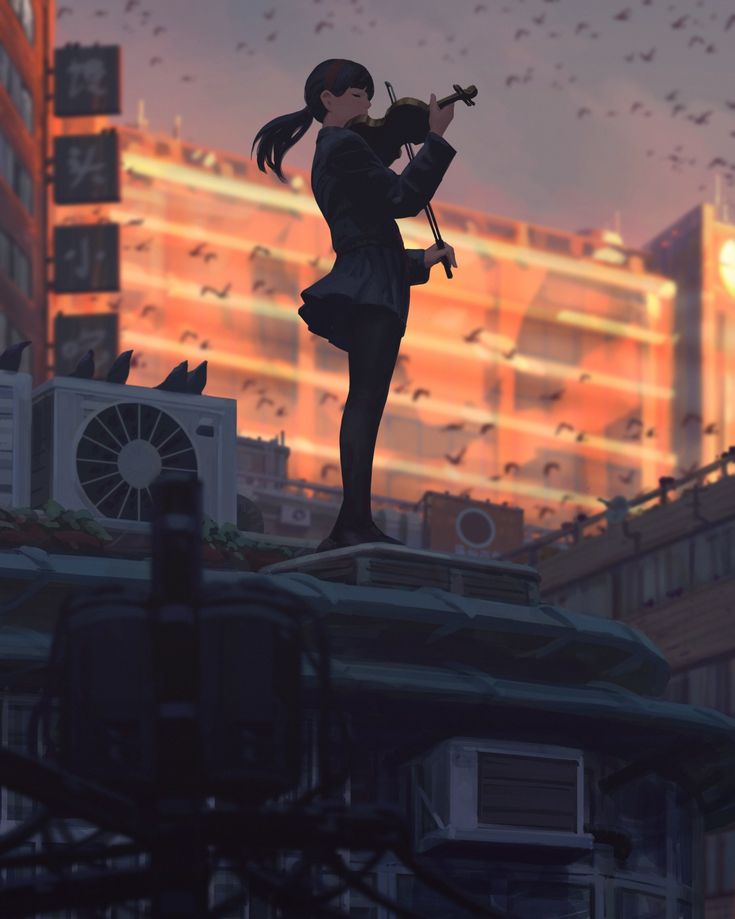 a woman standing on top of a roof with birds flying around in the sky behind her