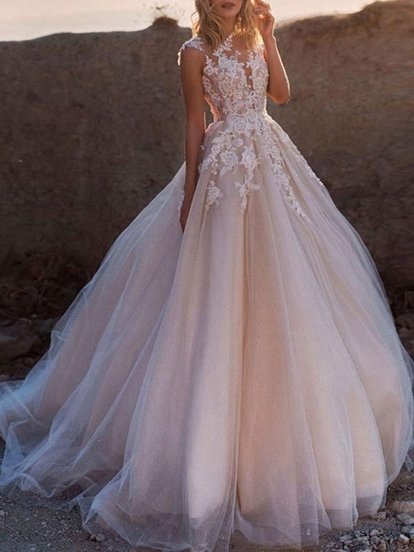 wedding dresses 2021 princess silhouette jewel neck sleeveless natural waist lace soft pink tulle bridal gowns Formal Wedding Dresses, Jeweled Wedding Dress, Boho Bridal Gowns, Wedding Dress Champagne, Ball Gowns Princess, Pink Wedding Dresses, Lace Bridal Gown, Formal Dresses For Weddings, Princess Wedding Dresses