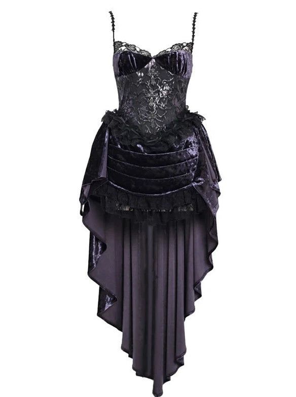 ❤Luna Gothic Velvet Lace Trailing Suspender Dress❤︎ Elegant Sleeveless Mini Dress For Halloween, Elegant Spaghetti Straps Corset Dress For Costume Party, Halloween Dress With Spaghetti Straps, Gothic Underbust Dress For Night Out, Gothic Sleeveless Suspender Dress For Party, Halloween Velvet Party Dress, Sleeveless Purple Corset Dress For Costume Party, Fitted Spaghetti Strap Dress For Halloween, Velvet Corset Dress For Costume Party