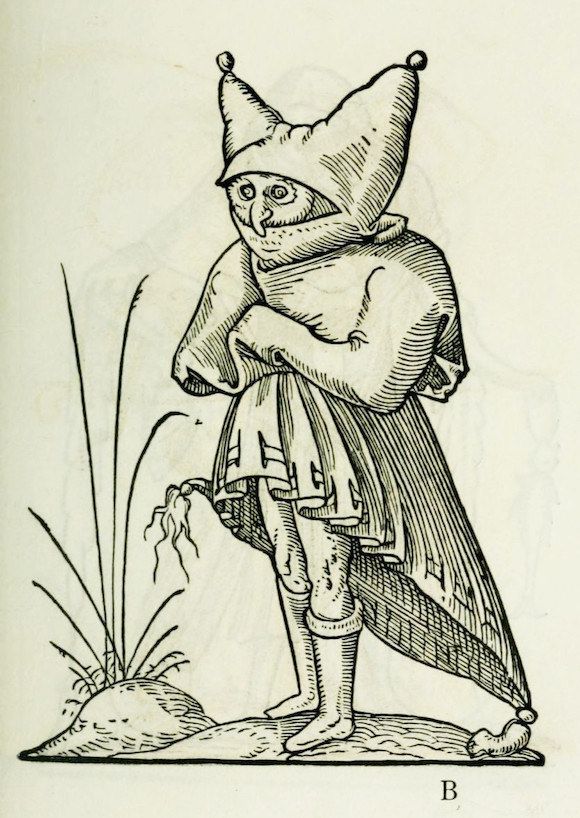 an old drawing of a man with a hat and cloak on his head, standing in the grass