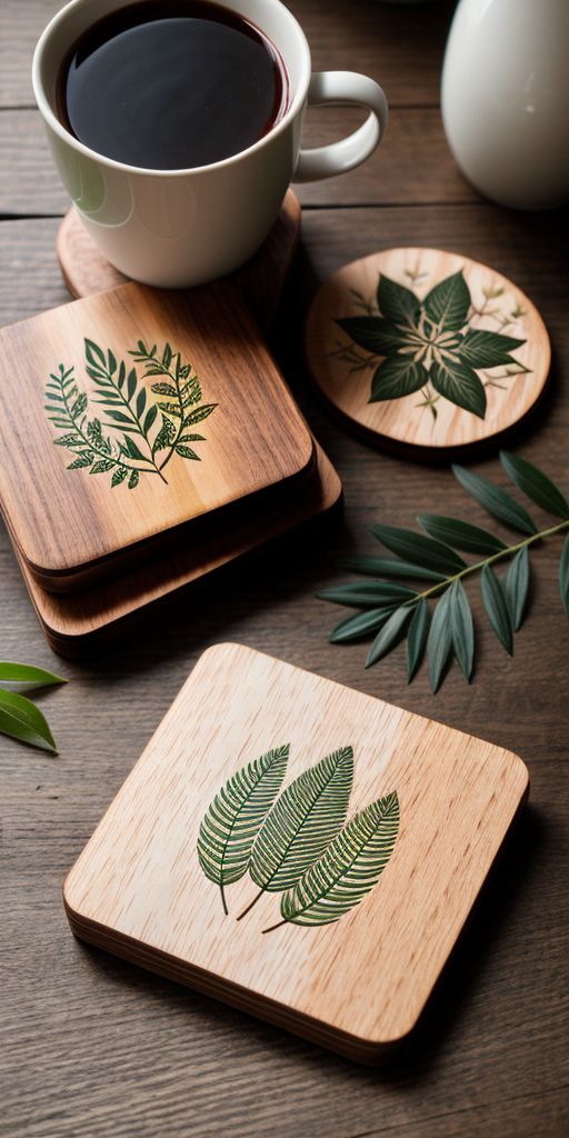 three wooden coasters with leaves on them and a cup of coffee in the background