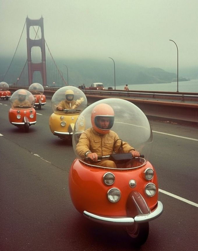 two people in small cars driving down the road with a bridge in the back ground