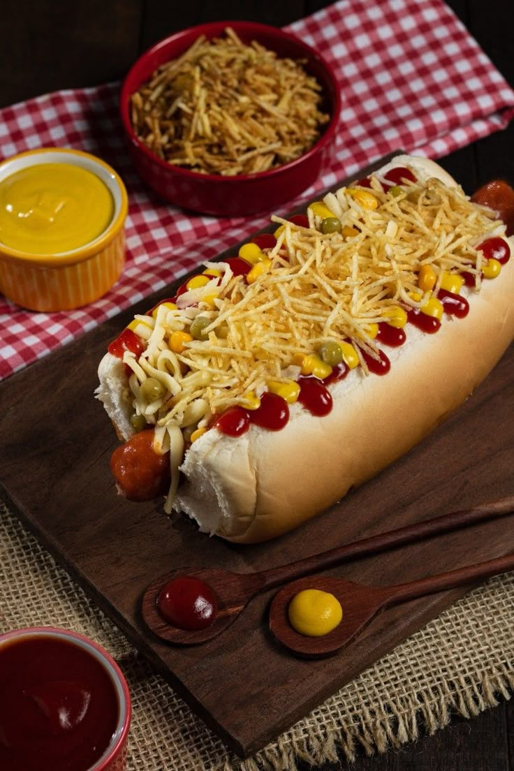 a hot dog covered in cheese and toppings on a cutting board next to two bowls of mustard