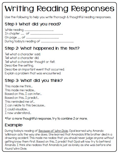 writing reading response worksheet for students to help them understand what they are reading