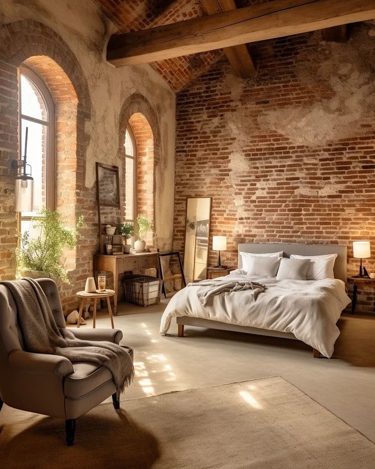 a bedroom with brick walls and exposed ceilings, an upholstered bed is flanked by two armchairs