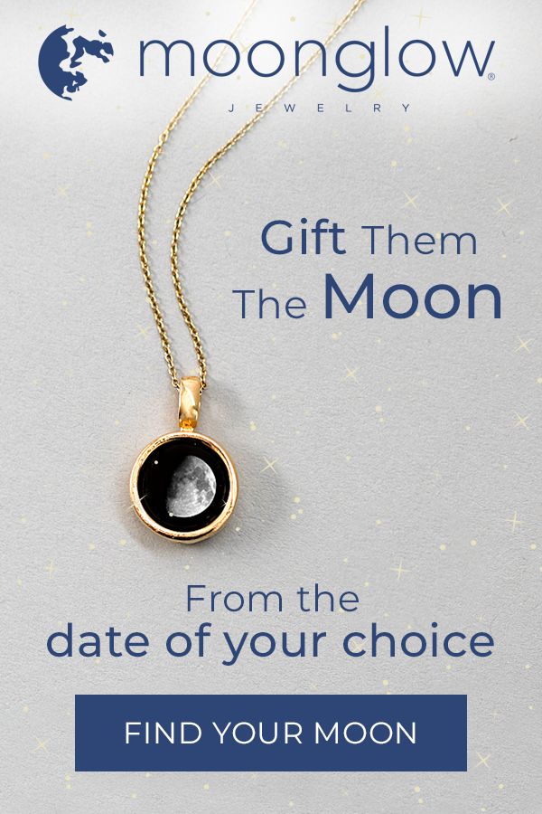 the moon pendant is shown on a white background with gold chains and an ad for moonlight jewelry