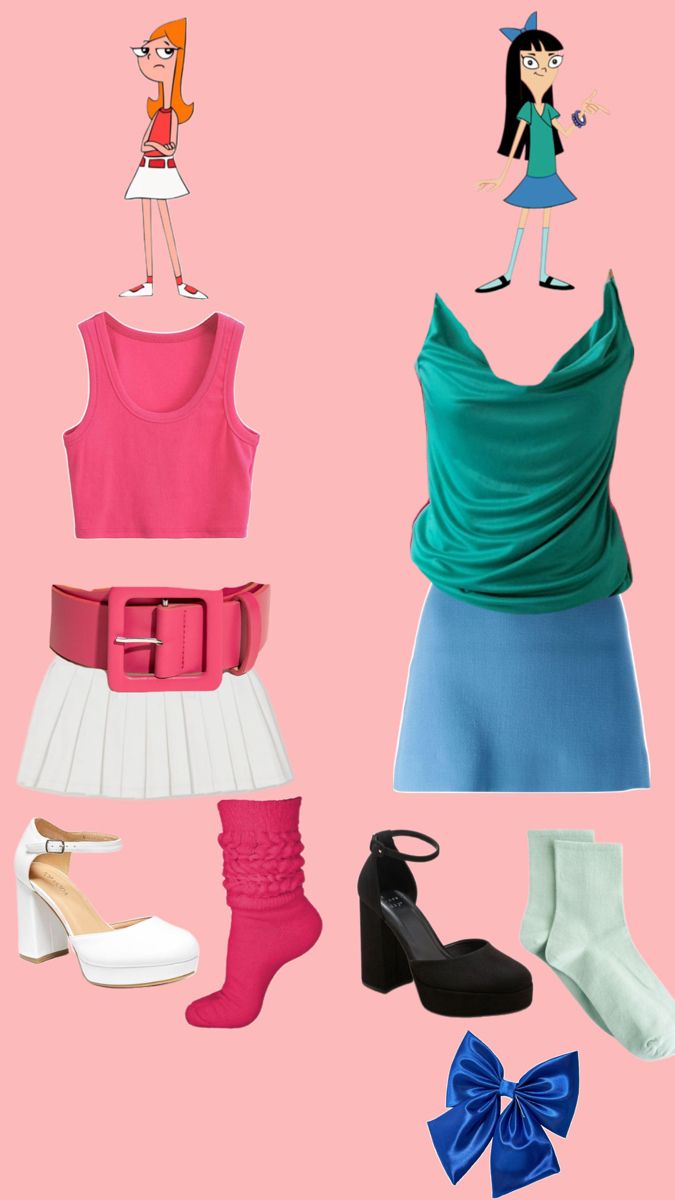 an assortment of women's clothing and shoes on a pink background