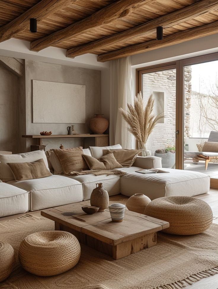 a living room filled with lots of furniture and large doors leading to an outside patio