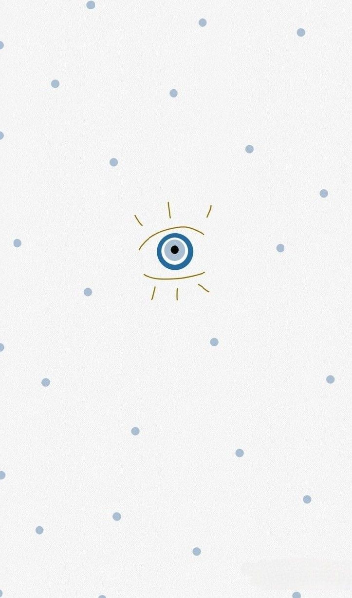 an eye is seen in the sky above polka dotes on a white background with blue dots